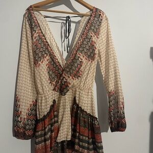 Bohemian Long Sleeve V-Neck Dress - Multicolor